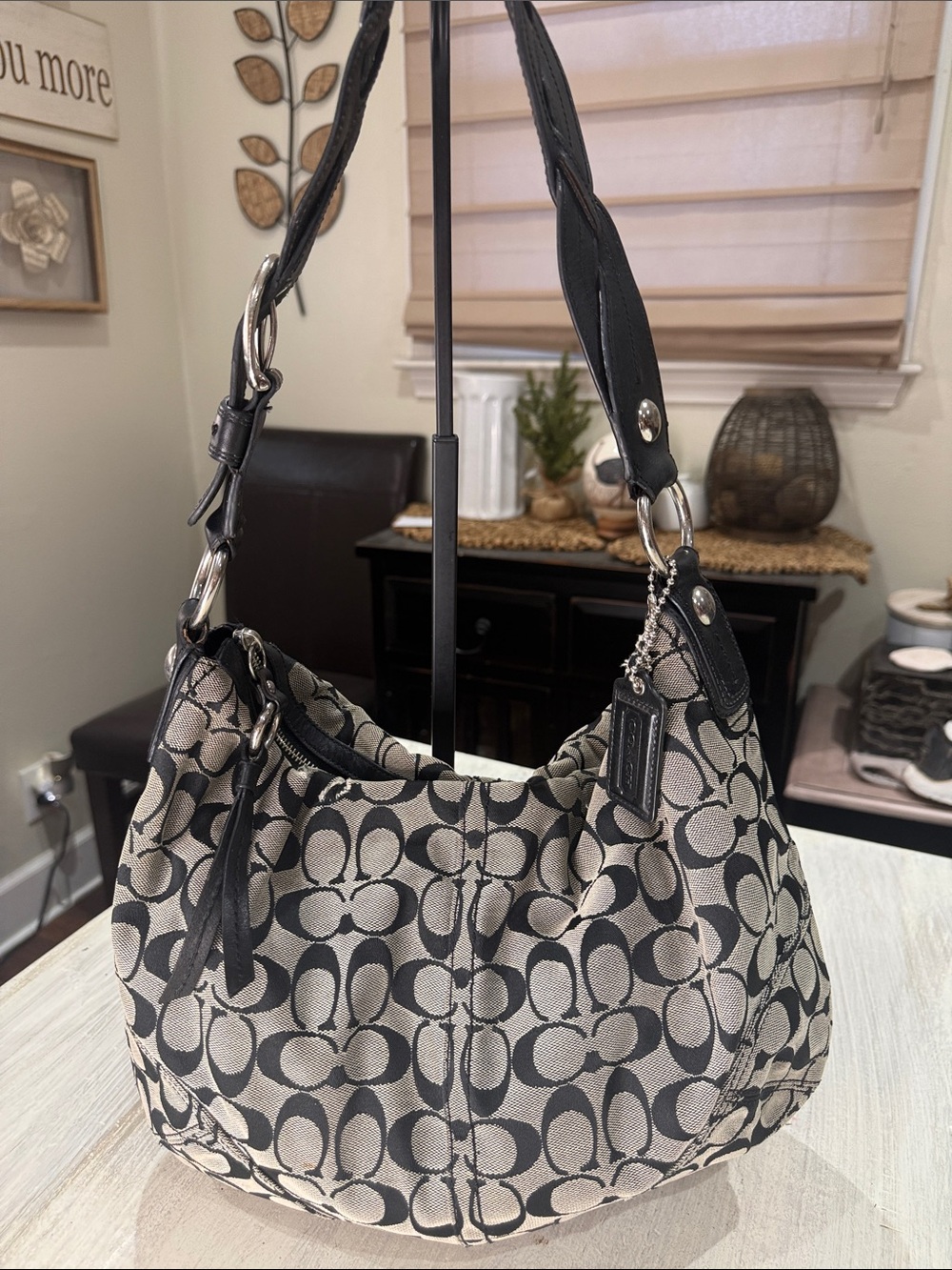 Coach Larg SOHO Signature Hobo Bag in Black and Tan